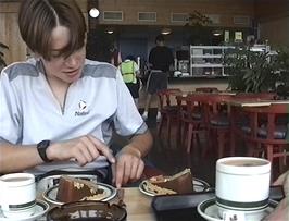 Settling down to enjoy some excellent chocolate gateaux with our coffees, in the first floor cafe in Lom